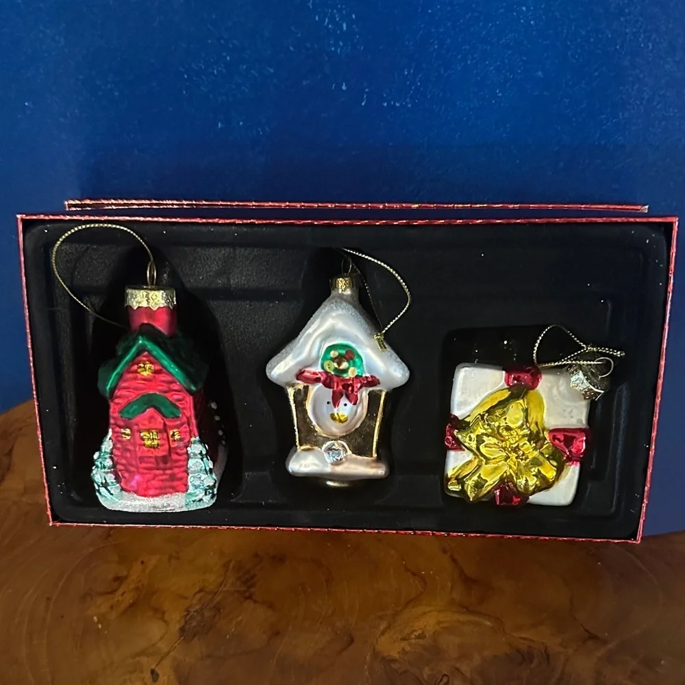 Set of 3 Vintage Christmas Blown Glass Ornament-Red House, Birdhouse & Present